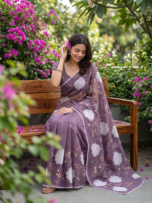 Net Kota Purple White Floral Embroidery Saree