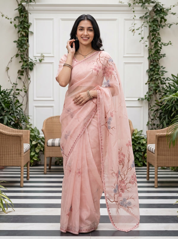 Organza Peach Saree with Cherry Blossom Branch Print