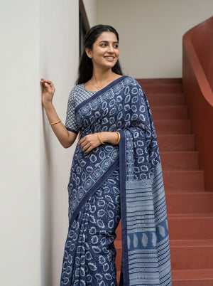 Cotton Navy Blue Saree with Bagru Leaf Block Print