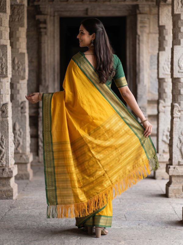Semi Silk Mustard Yellow Golden Pinstripe Saree with Green Zari Border