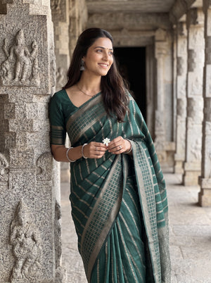 Semi Silk Bottle Green Silver Zari Rosette Mesh Saree with Tassels