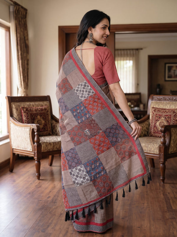 Cotton Rust Patchwork Print Chevron Border Saree