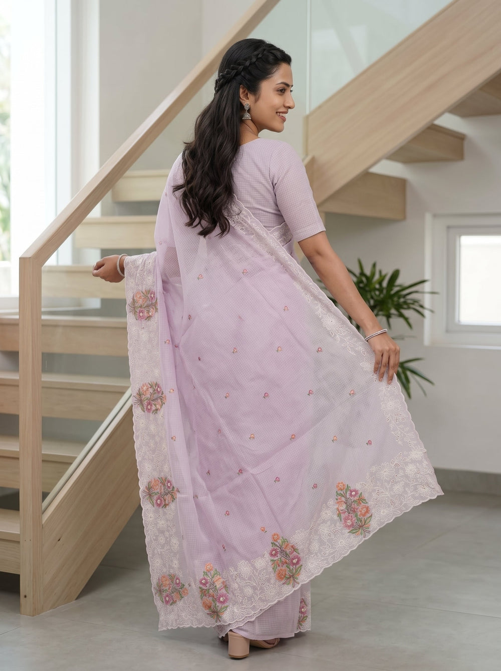 Net Kota Light Purple Floral Bouquet Embroidery Lace Border Saree