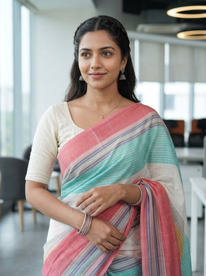 Cotton Pink and Multicolor Wide Striped Pallu Red Tassels Saree