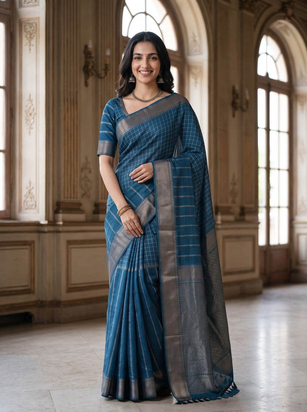 Semi Silk Peacock Blue Half-Striped Half-Checkered Saree with Tassels