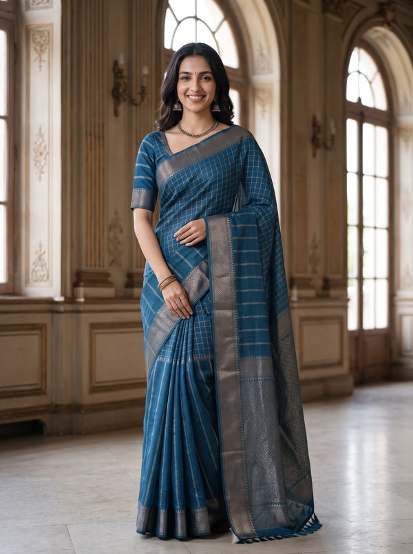 Semi Silk Peacock Blue Half-Striped Half-Checkered Saree with Tassels