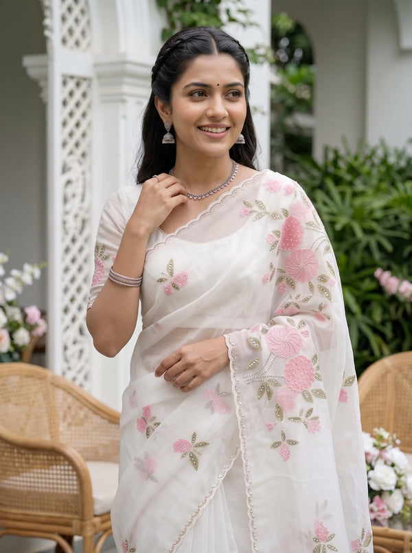 Organza White Saree with Sequin Flower Vine Embroidery