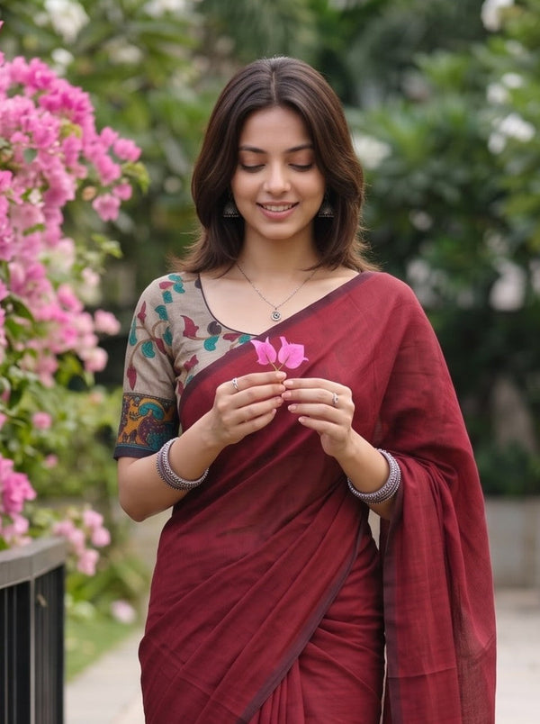 Cotton Deep Maroon Plain Weave Tasseled Saree