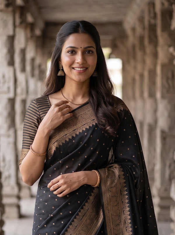 Banarasi Silk Black Golden Zari Framed Panel Saree with Tassels