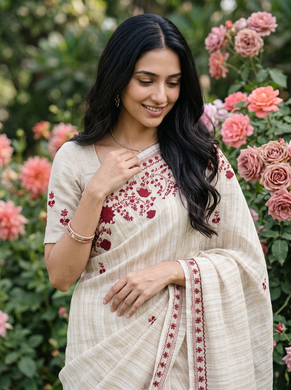 Linen Cream Beige Striped Red Floral Applique Embroidered Pallu Kantha Stitch Tassels Saree