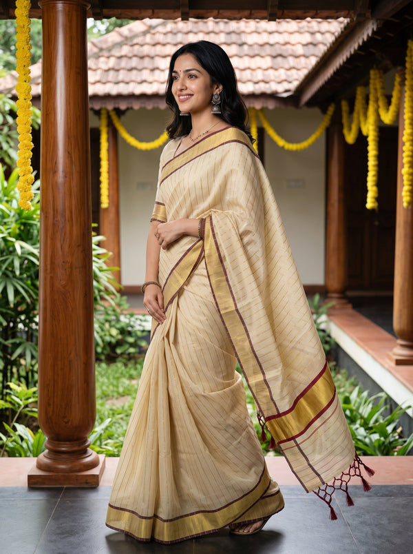 A woman modeling a beige and gold striped cotton saree with red border accents, standing in a traditional courtyard with wooden pillars and yellow garlands.