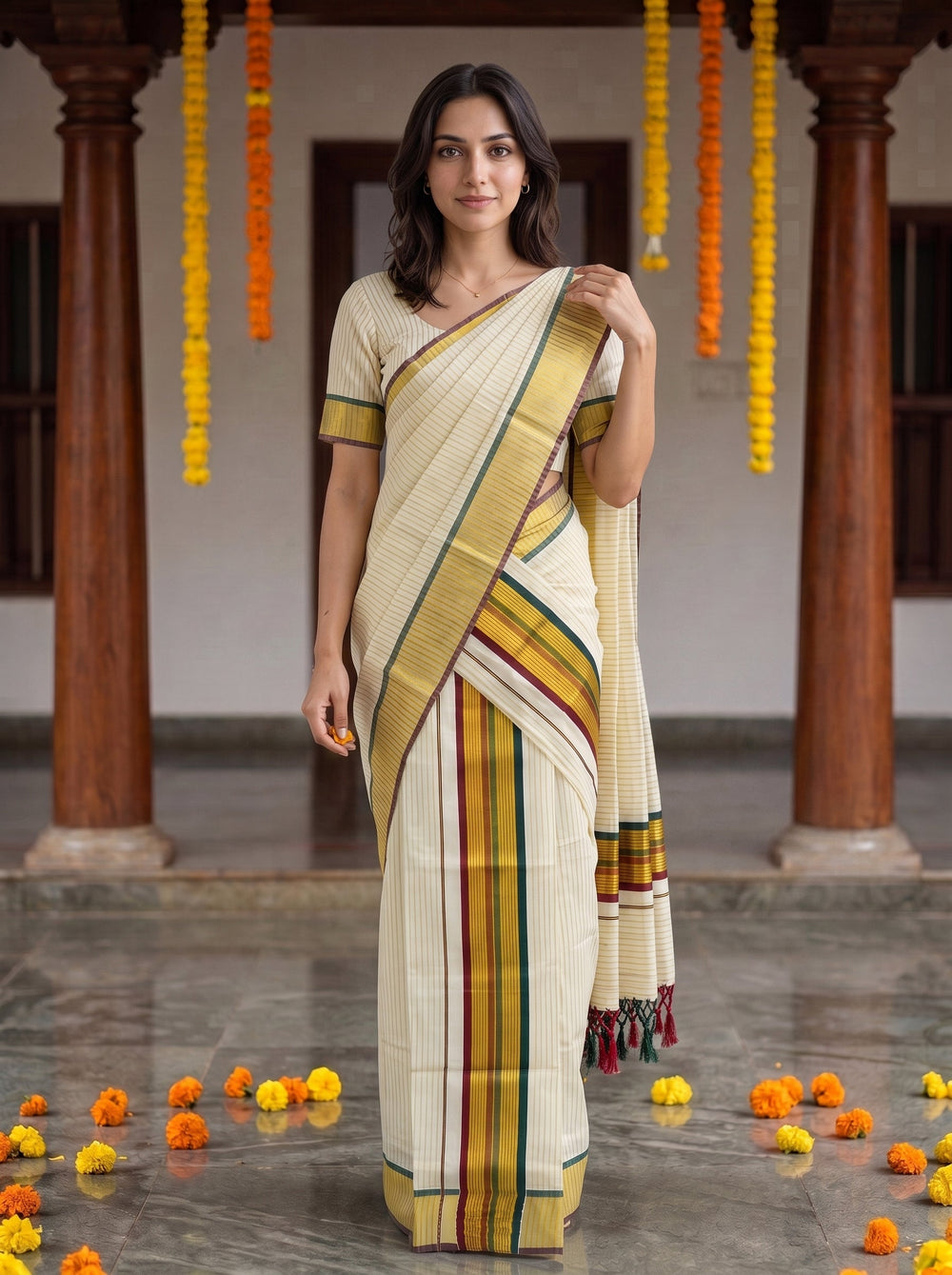 A woman modeling a cream-colored cotton saree with yellow, green, and red stripes, paired with a matching short-sleeve blouse, standing in a traditional courtyard with wooden pillars and hanging marigold garlands.