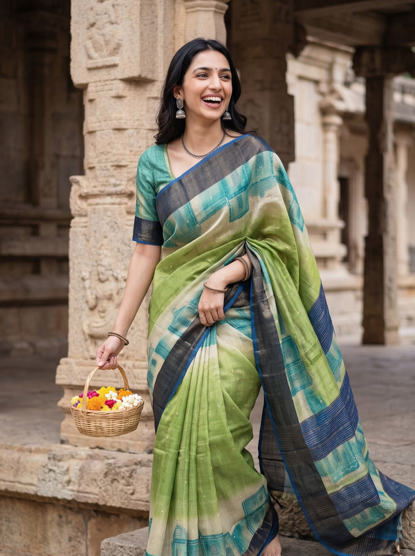 Tussar Silk Green Saree with Painted Village House Pallu