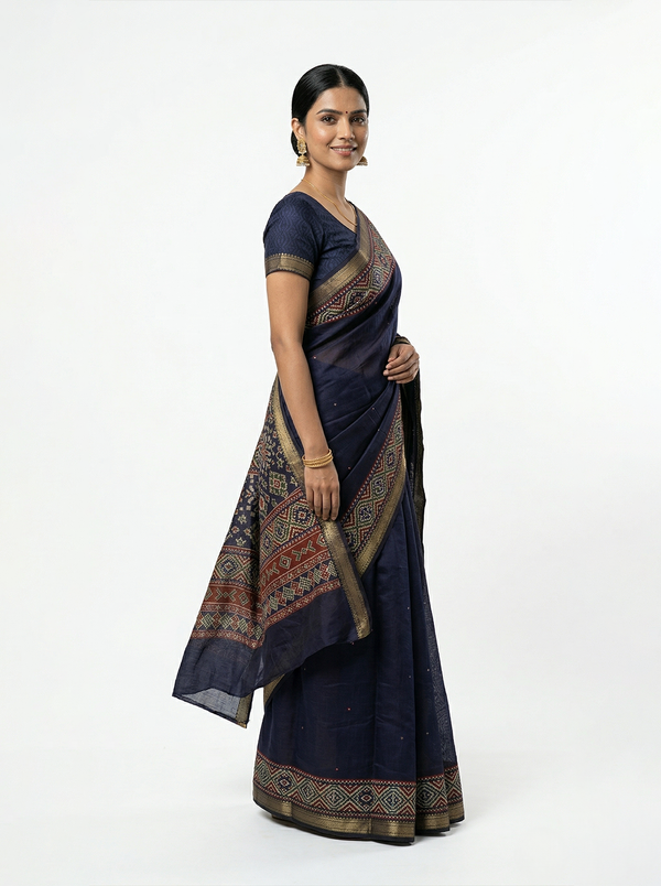 Chanderi Navy Blue Traditional Ikat Saree