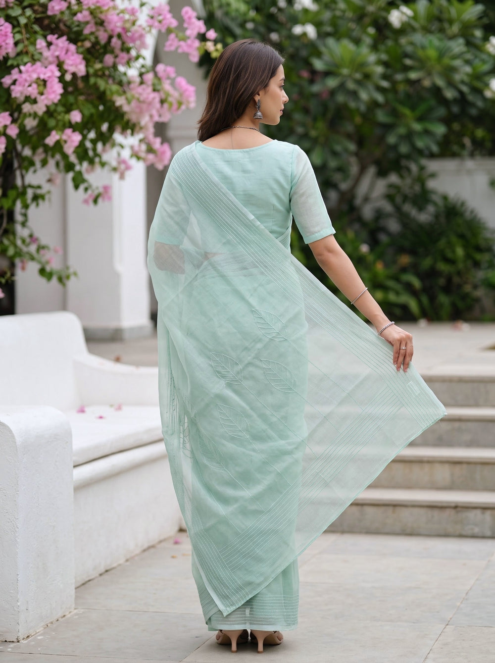 Kota Doria Mint Green Self-Tone Leaf Motif Saree