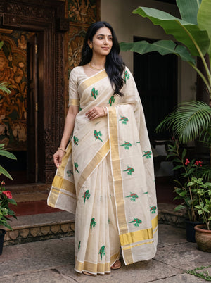Tissue Cream Golden Green Parrot Embroidered Pallu Broad Kasavu Zari Border Kerala Saree