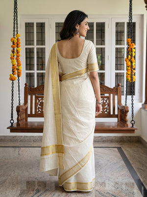 Cotton Cream Golden Pinstripe Zigzag Border Onam Special Kerala Saree