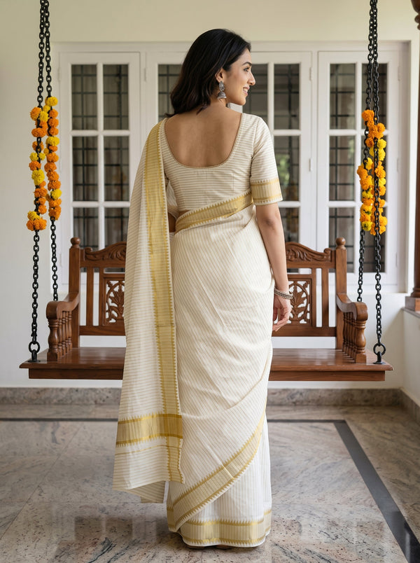 Cotton Cream Golden Pinstripe Zigzag Border Onam Special Kerala Saree
