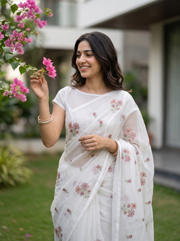Kota Doria White Pink Floral Cross-Stitch Embroidery Saree
