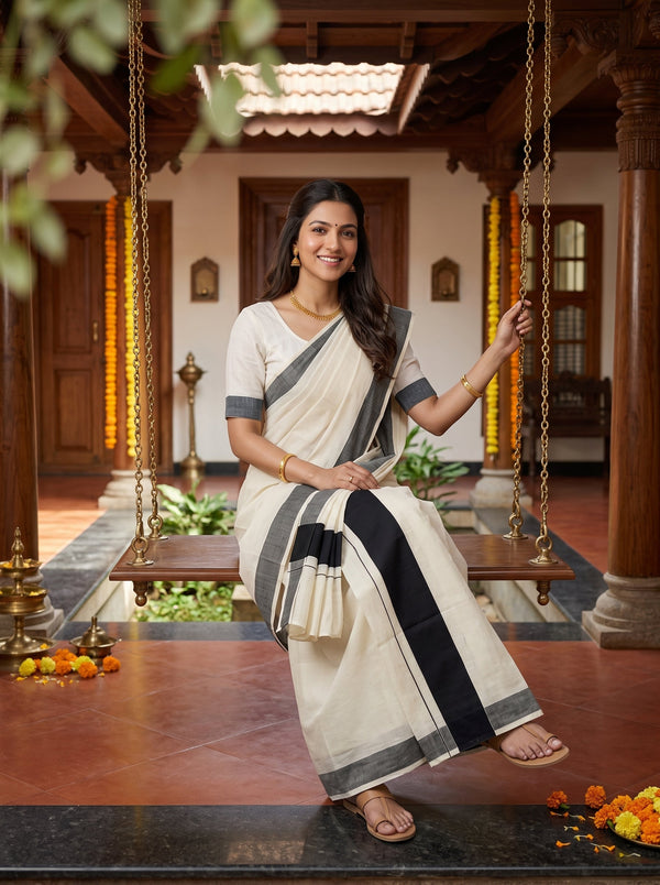 A woman wearing a cream and black saree sits on a wooden swing in a traditional courtyard. The saree has a cream body with black and gray borders, and she is wearing a matching cream blouse with gray sleeve borders.