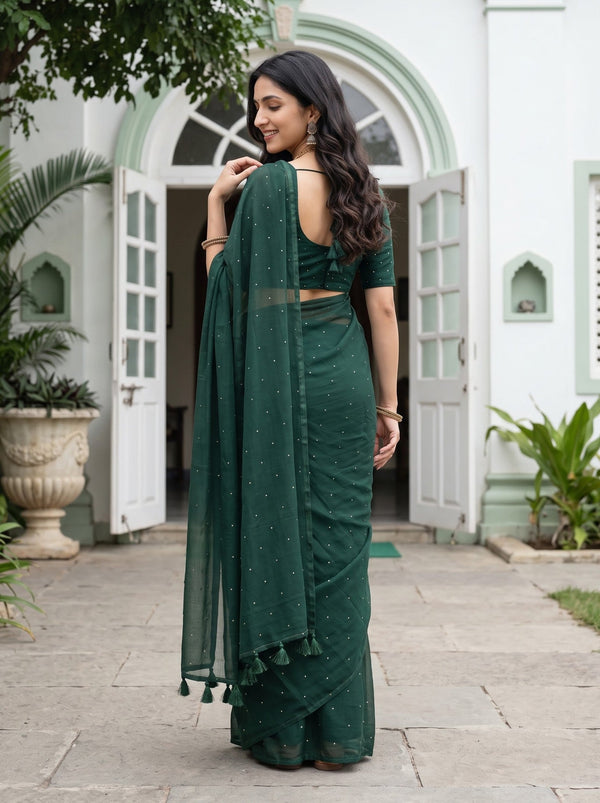Mul Chanderi Bottle Green Gold Sequin Dot Saree