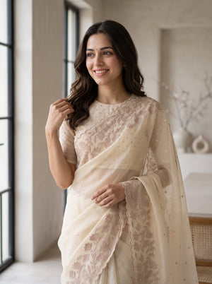 Organza Cream Saree with Mauve Floral Border Embroidery