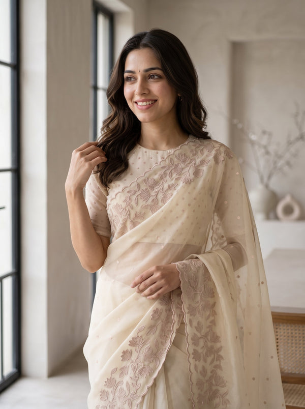 Organza Cream Saree with Mauve Floral Border Embroidery