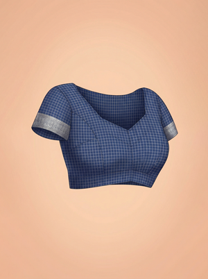 Cotton Silk Navy Blue Checkered Booti Saree with Zari Ikat Border