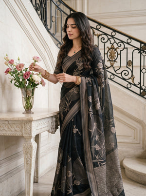 Organza Black Floral Print Saree with Blossom Motifs