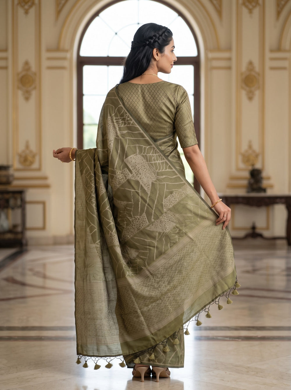 Semi Silk Olive Gold Self-Tone Geometric Print Saree with Tassels