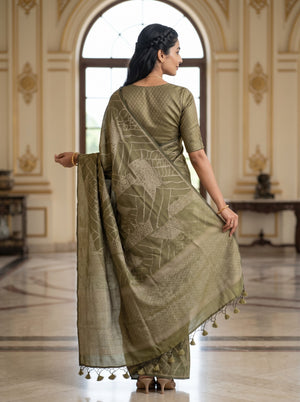 Semi Silk Olive Gold Self-Tone Geometric Print Saree with Tassels