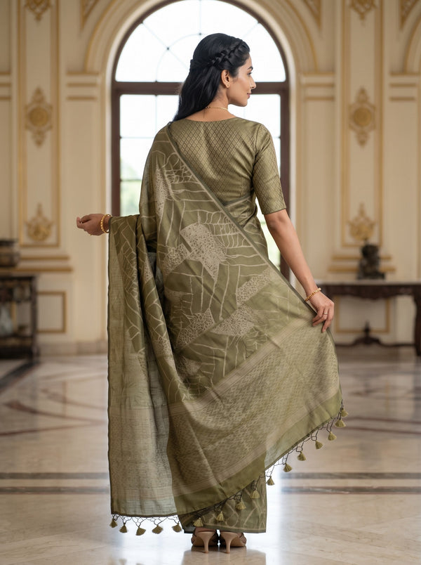 Semi Silk Olive Gold Self-Tone Geometric Print Saree with Tassels