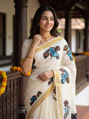 Cotton Off-White Krishna Mural Print Onam Special Kerala Saree