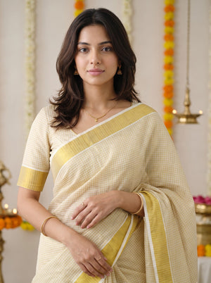 Tissue Cream Golden Fine Check Body Solid Zari Border Onam Festive Kerala Saree
