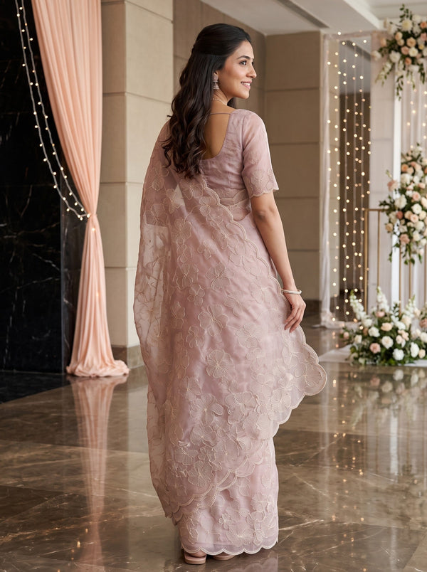 Tissue Silk Mauve Saree with All-Over Hibiscus Floral Embroidery