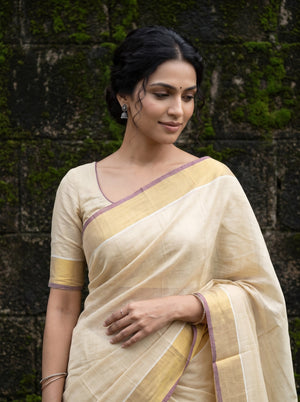 Tissue Cream Gold Maroon Striped Border Onam Special Kerala Saree