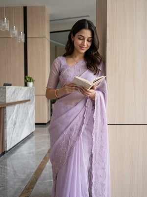 Chiffon Lavender Saree with Web Pattern Beadwork Design