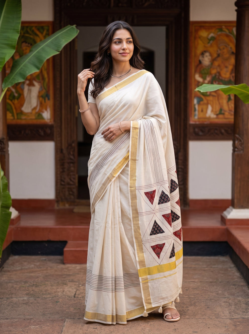 Cotton Cream Ajrakh Triangle Patchwork Kantha Stitch Pallu Golden Kasavu Border Kerala Saree