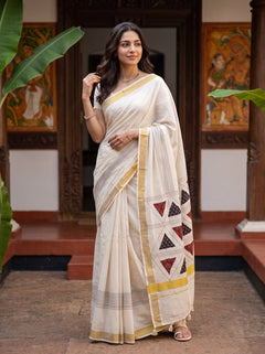 Cotton Cream Ajrakh Triangle Patchwork Kantha Stitch Pallu Golden Kasavu Border Kerala Saree
