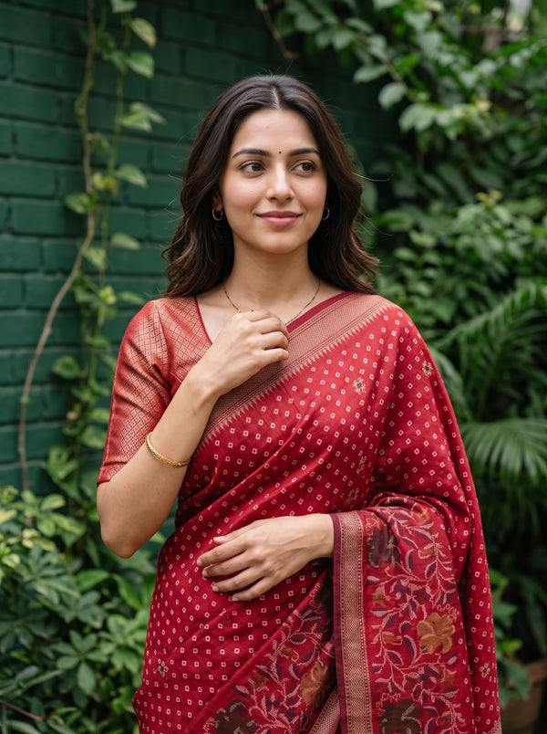 Banarasi Bandhani Red Saree with Floral Jaal Zari Pallu