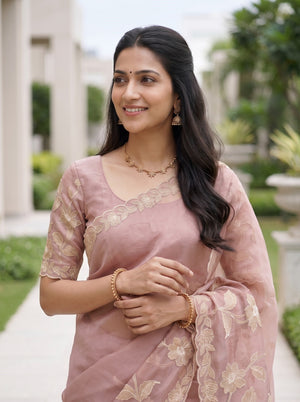 Organza Blush Pink Golden Floral Vine Scalloped Border Saree