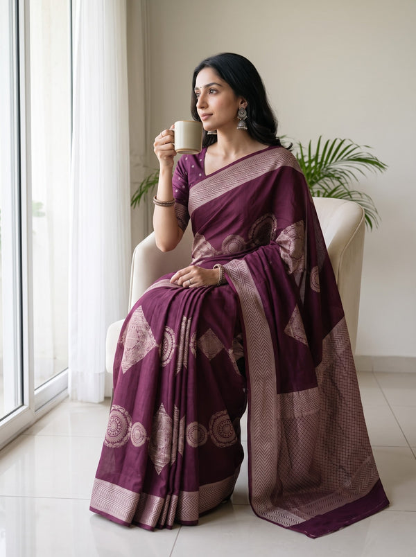 Georgette Wine Rose Gold Geometric Diamond Print Saree with Chevron Border
