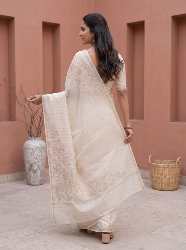 Mul Chanderi Off White Saree with Rose Golden Floral Embroidery and Subtle Striped Pattern