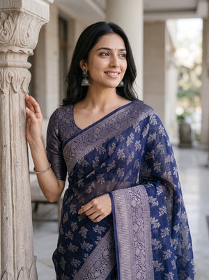 Banarasi Silk Navy Blue Floral Leaf Print Saree with Zari Border