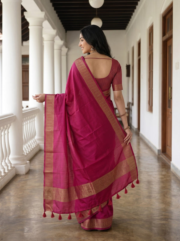 Cotton Silk Magenta Golden Zari Temple Border Saree