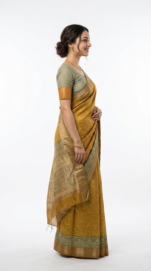 Cotton  Mustard Yellow Traditional Pattern And Thread Stripe Saree
