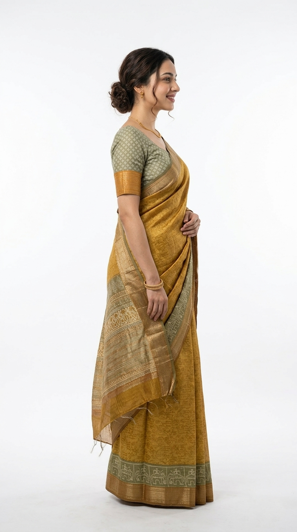 Cotton  Mustard Yellow Traditional Pattern And Thread Stripe Saree