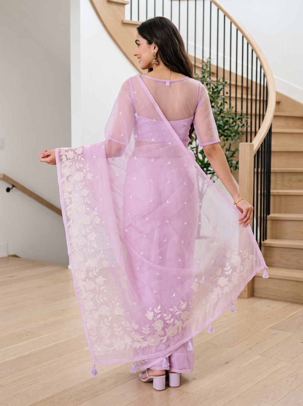 Organza Lilac Cream Floral Vine Applique Embroidered Pallu Butta Body Tassel Saree