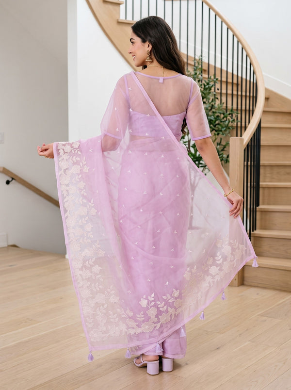 Organza Lilac Cream Floral Vine Applique Embroidered Pallu Butta Body Tassel Saree