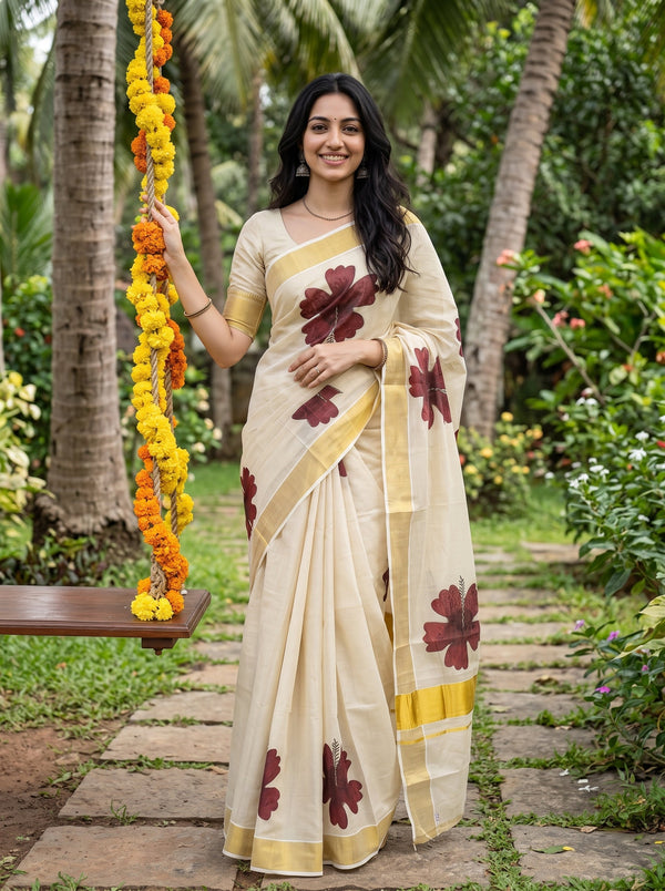 A woman wearing a cream-colored saree with dark red floral prints and a yellow border, standing on a stone path in a garden next to a swing decorated with yellow marigold garlands.